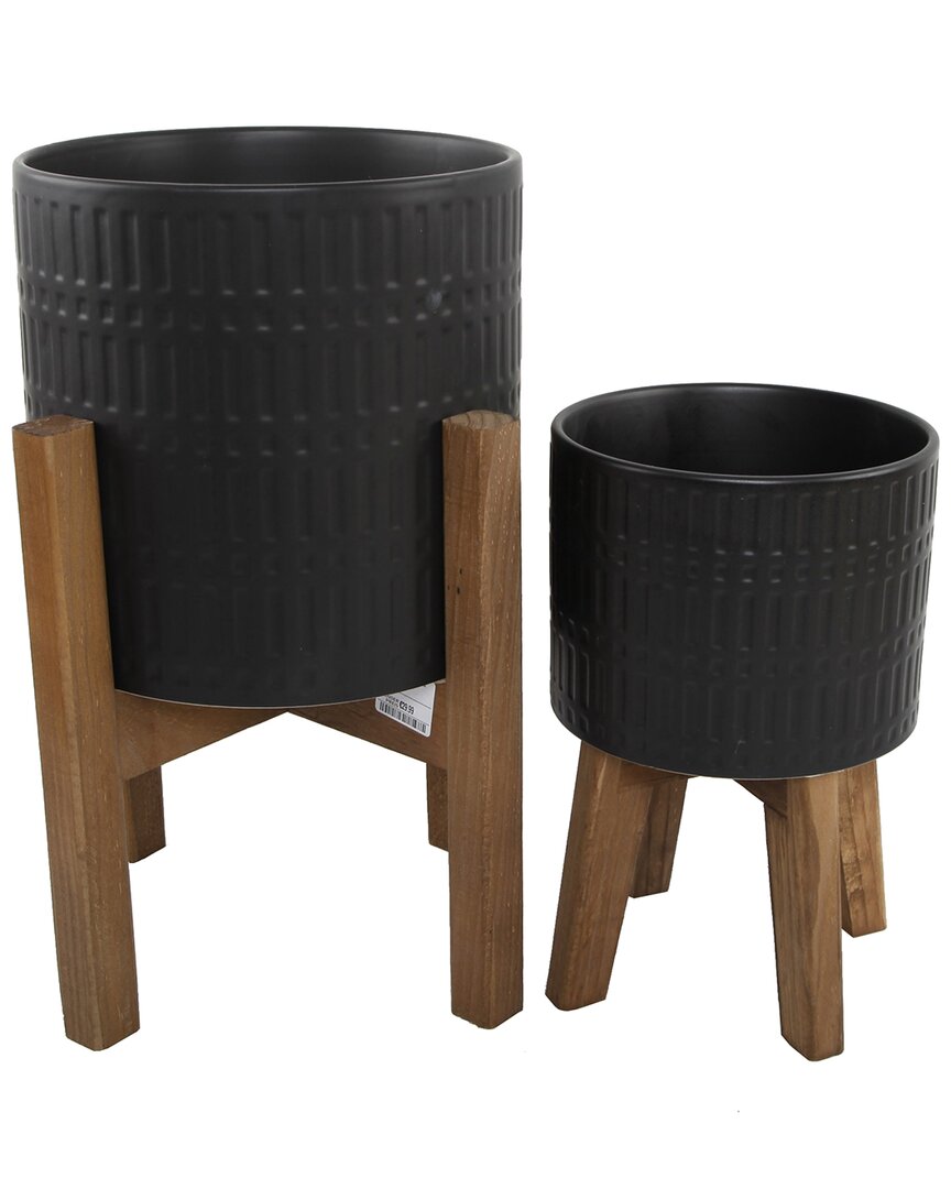 Flora Bunda Set Of 2 Ceramic Planters On Wood Stands In Black