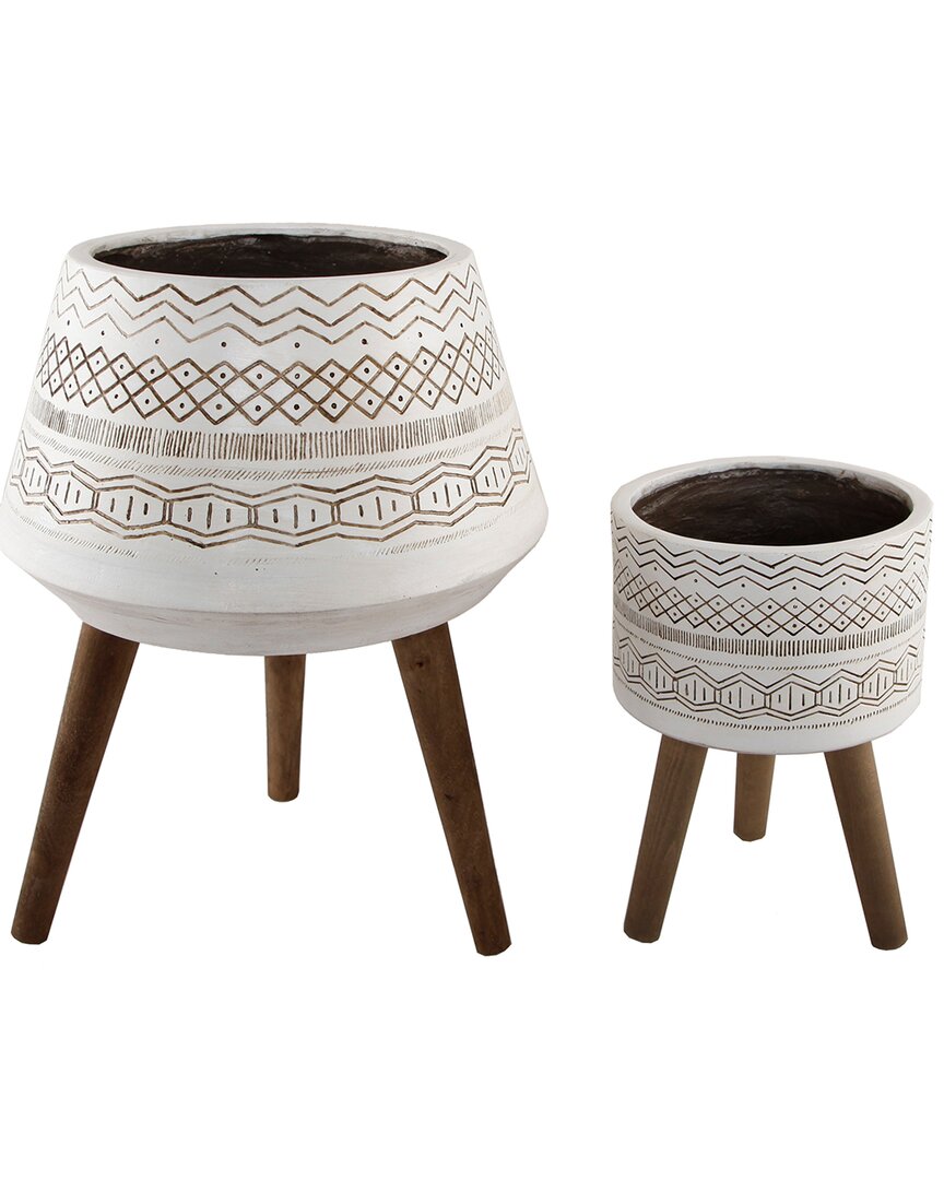 Flora Bunda Set Of 2 Tribal Fiberglass Plant Pots With Wood Stands In White