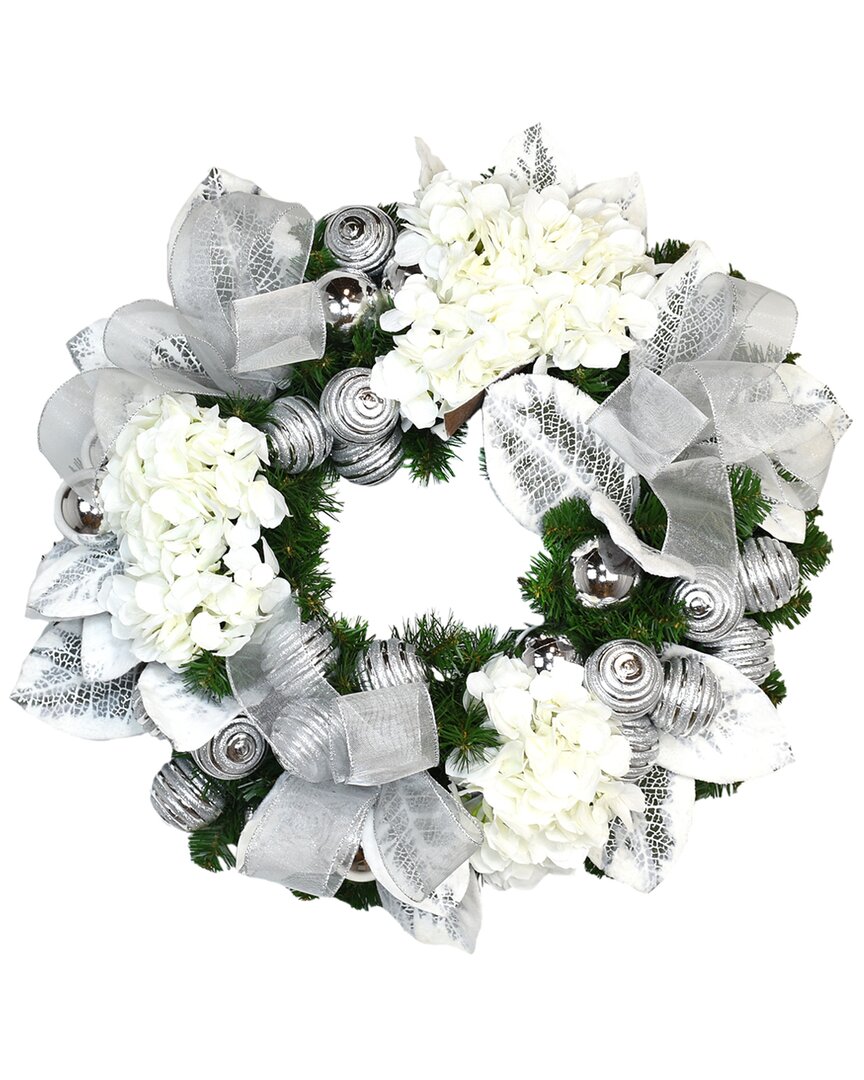 Creative Displays 26in Evergreen Holiday Wreath With White Hydrangeas And Silver Ornaments