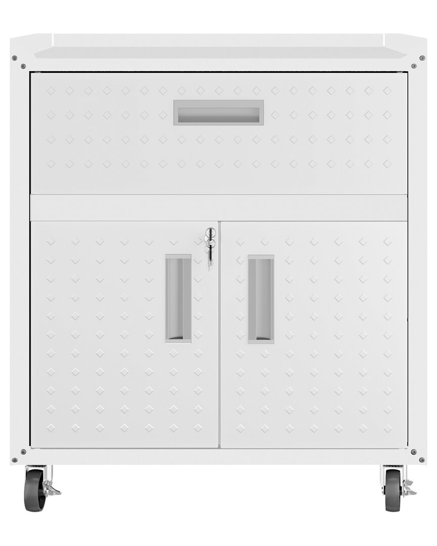 Manhattan Comfort Fortress 31.5 Mobile Garage Cabinet With Drawer And Shelves In White