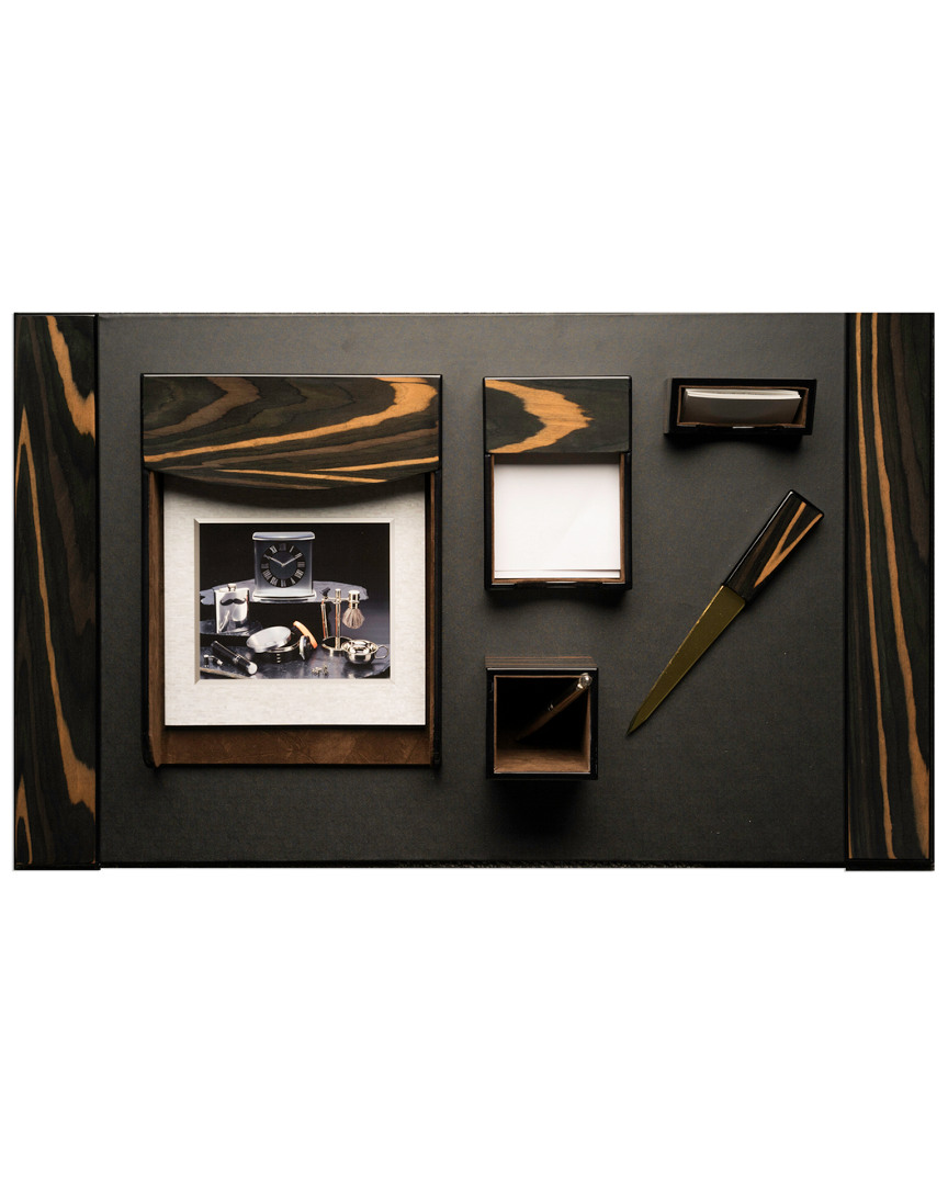 Bey-berk 6pc Ebony Wood & Black Leather Desk Set