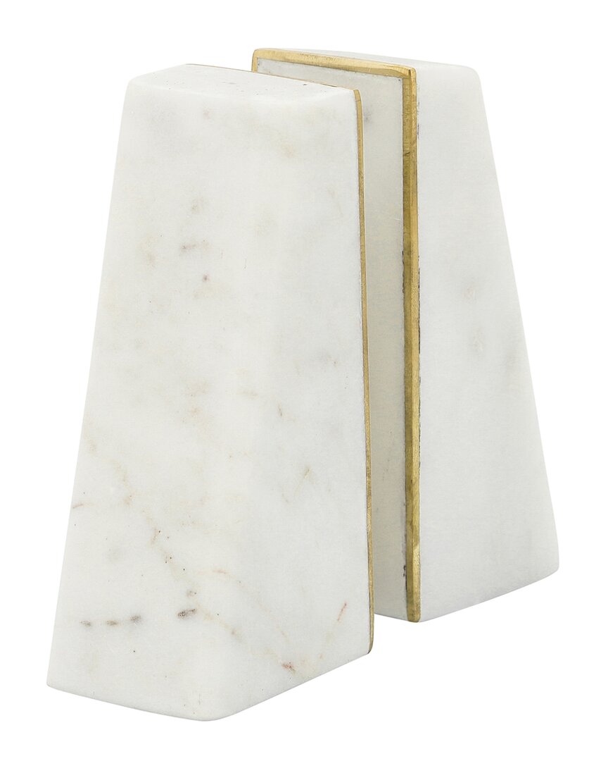 Sagebrook Home Set Of 2 Marble 7in Slanted Bookends With Gold Trim In White