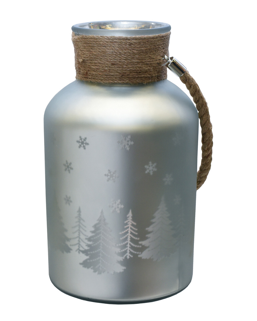 Northlight 12in Matte Silver Christmas Trees & Snowflakes Decorative Pillar Candle Holder With Handl
