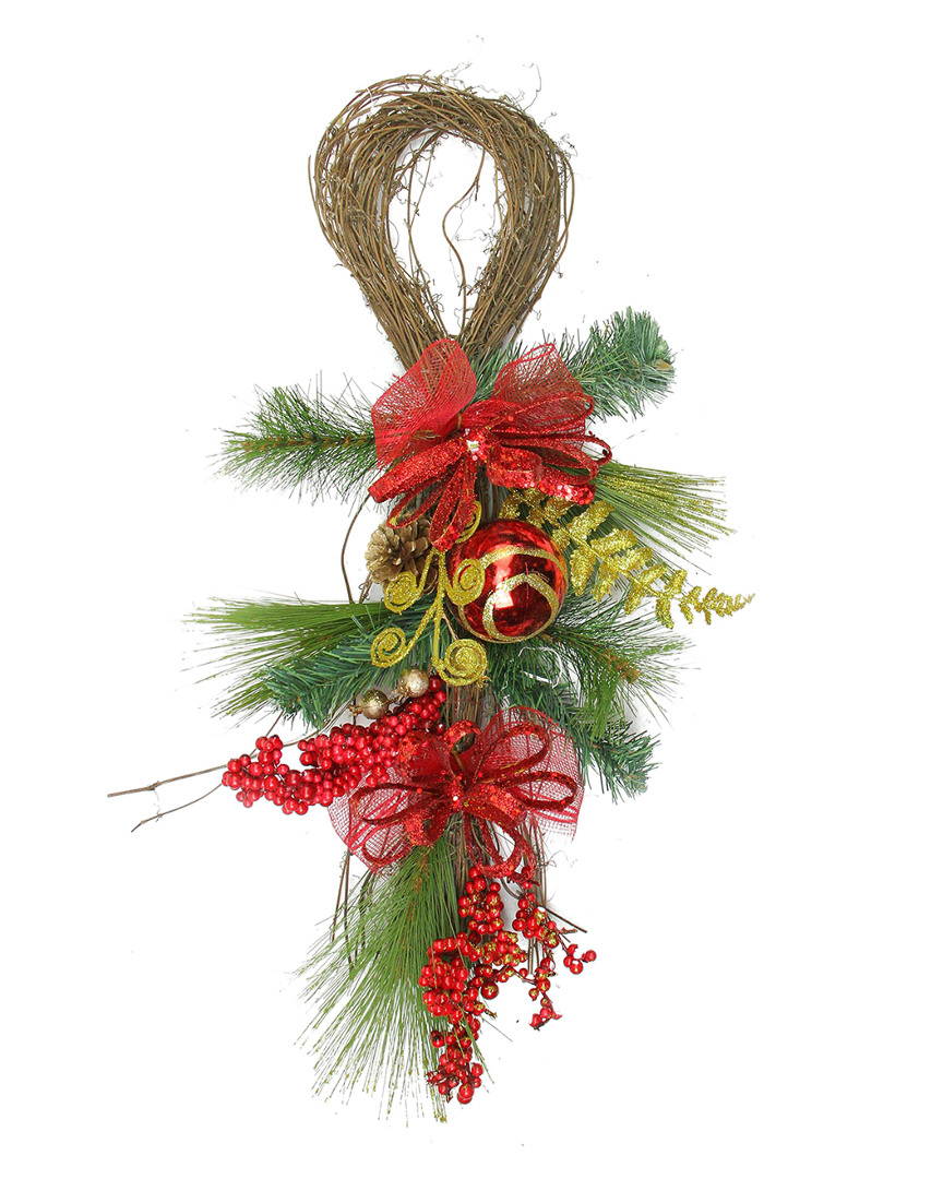 NORTHLIGHT NORTHLIGHT 28IN RED ORNAMENT & BERRY GOLD GLITTERED CHRISTMAS TEARDROP SWAG - UNLIT