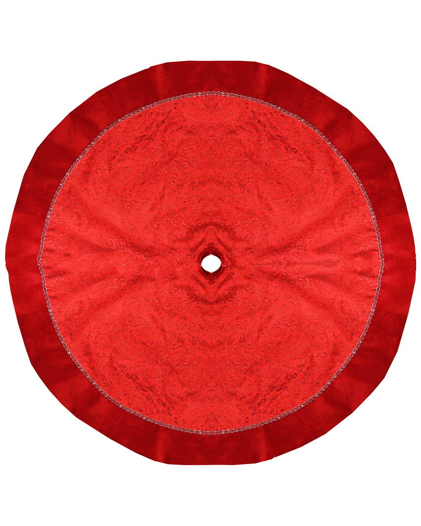 Northlight Discontinued 48in Red Glittered Swirl Sheer Organza Christmas Tree Skirt With Velvet Trim