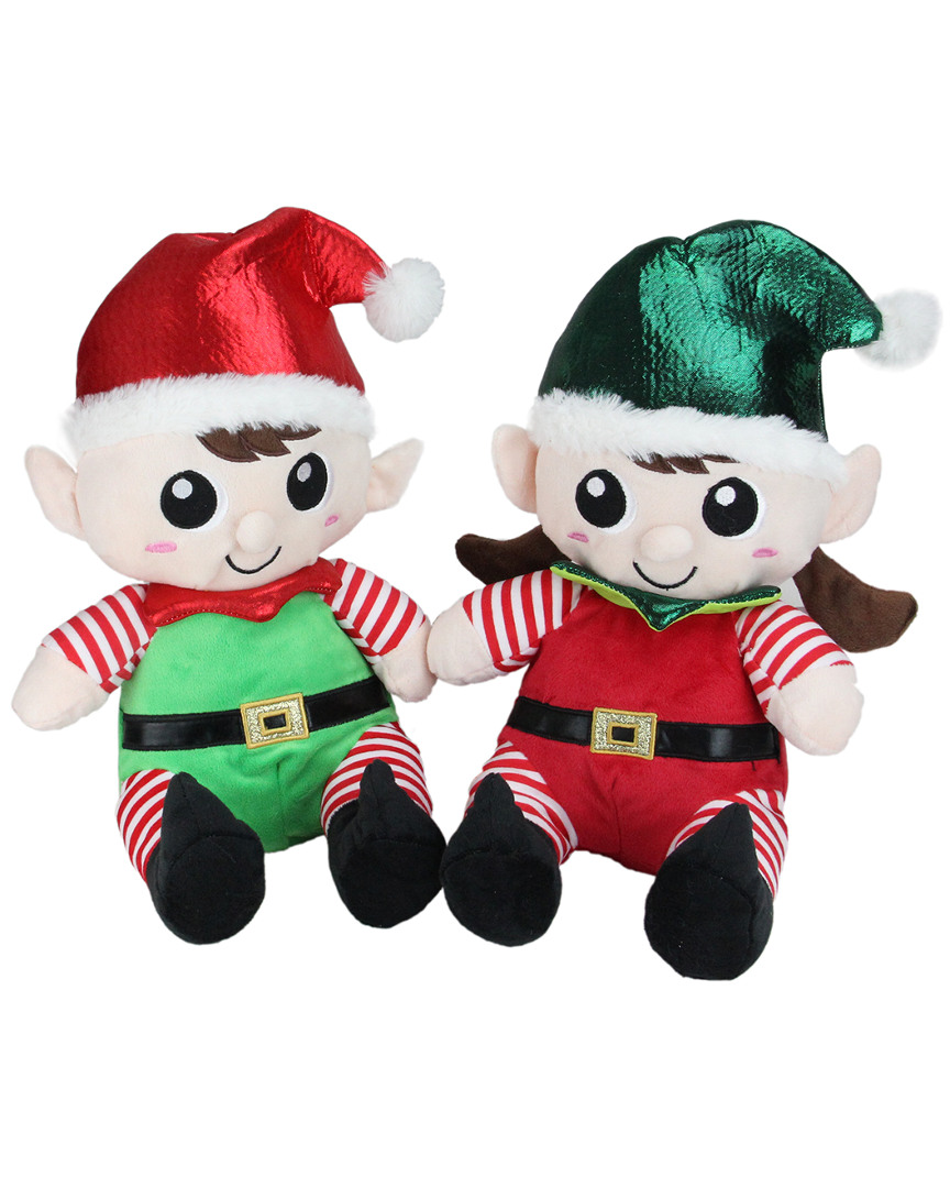 Northlight Set Of 2 Plush Sitting Boy And Girl Christmas Elf Figures 13"