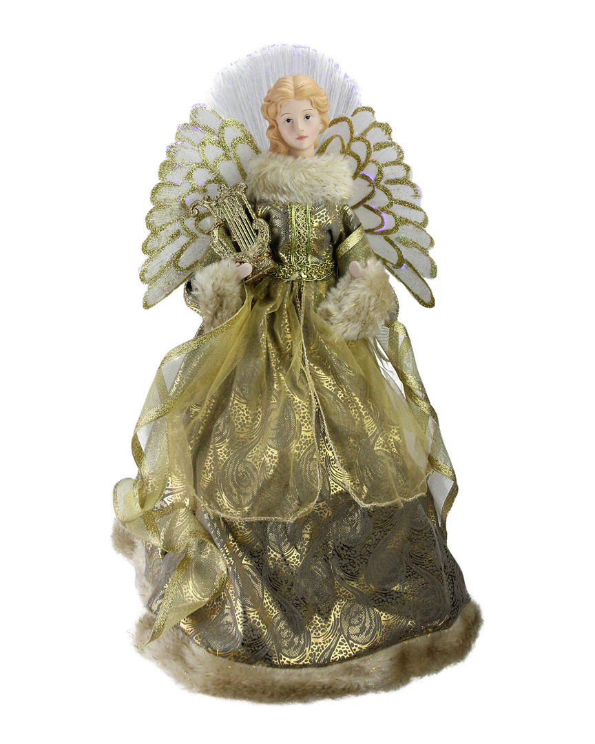 NORTHLIGHT NORTHLIGHT LIGHTED FIBER OPTIC ANGEL IN METALLIC GOLD GOWN WITH HARP CHRISTMAS TREE TOPPER