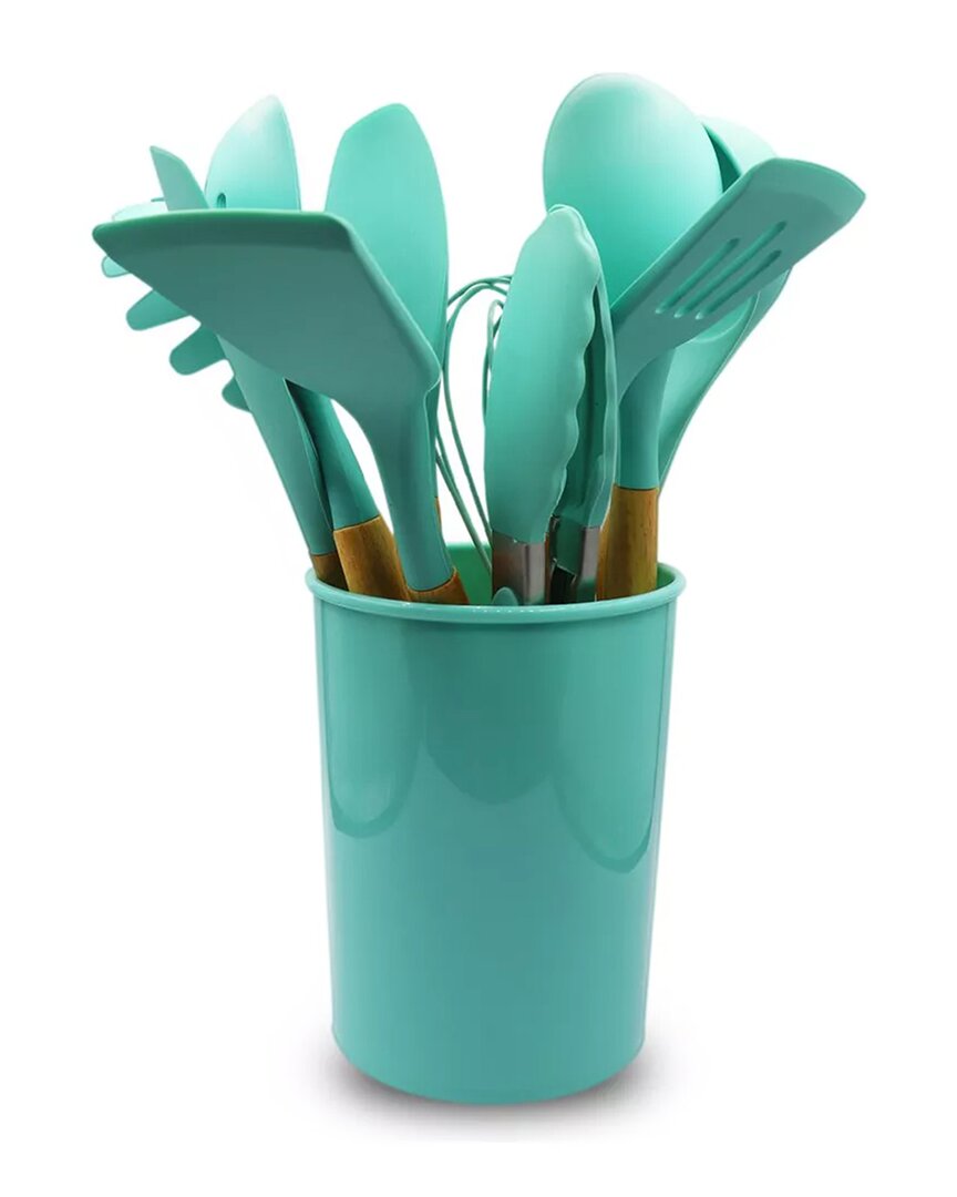 Shop Cheer Collection 12pc Silicone Spatula Set With Wooden Handles In Blue