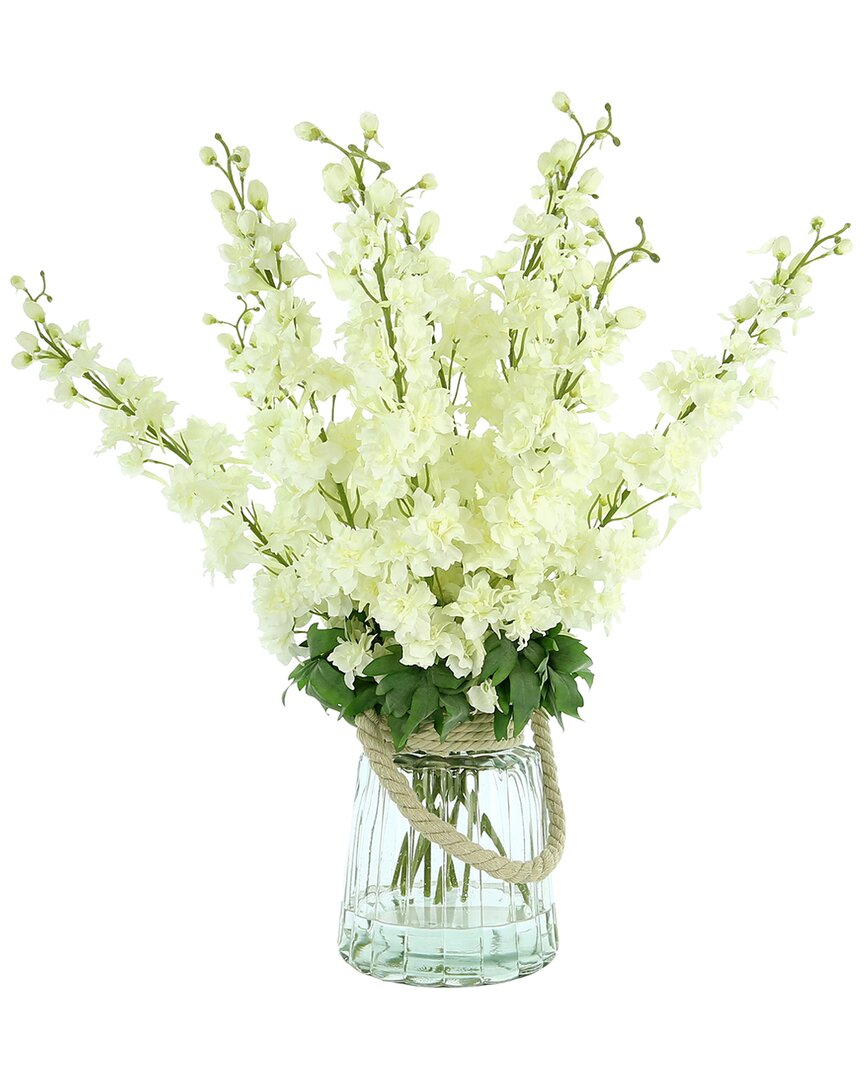 Creative Displays White Delphinium Floral Arrangement In A Glass Vase Embellished With Rope