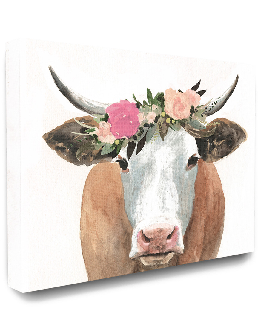 Stupell Home Decor Collection Springtime Flower Crown Farm Cow With Horns