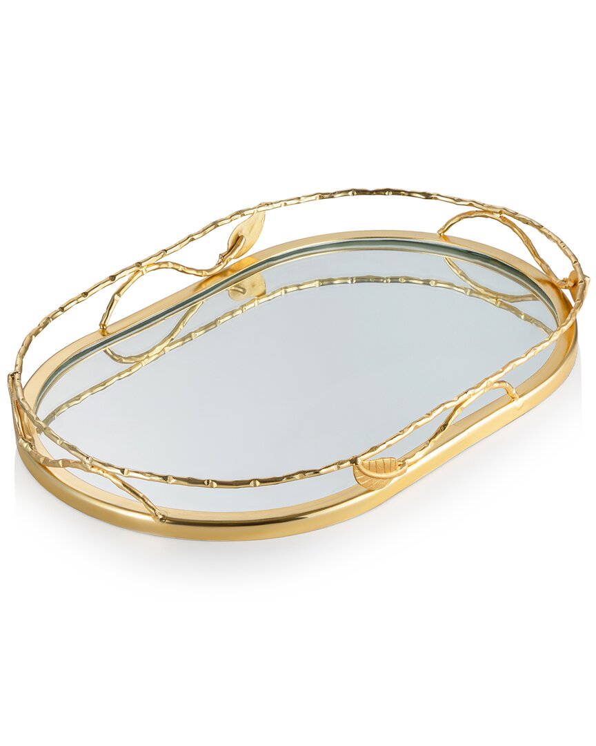 Shop Classic Touch Oval Mirror Tray Leaf Design In Gold