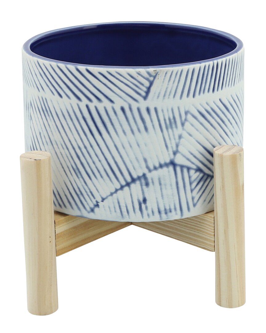 Sagebrook Home Planter With Wood Stand In Blue