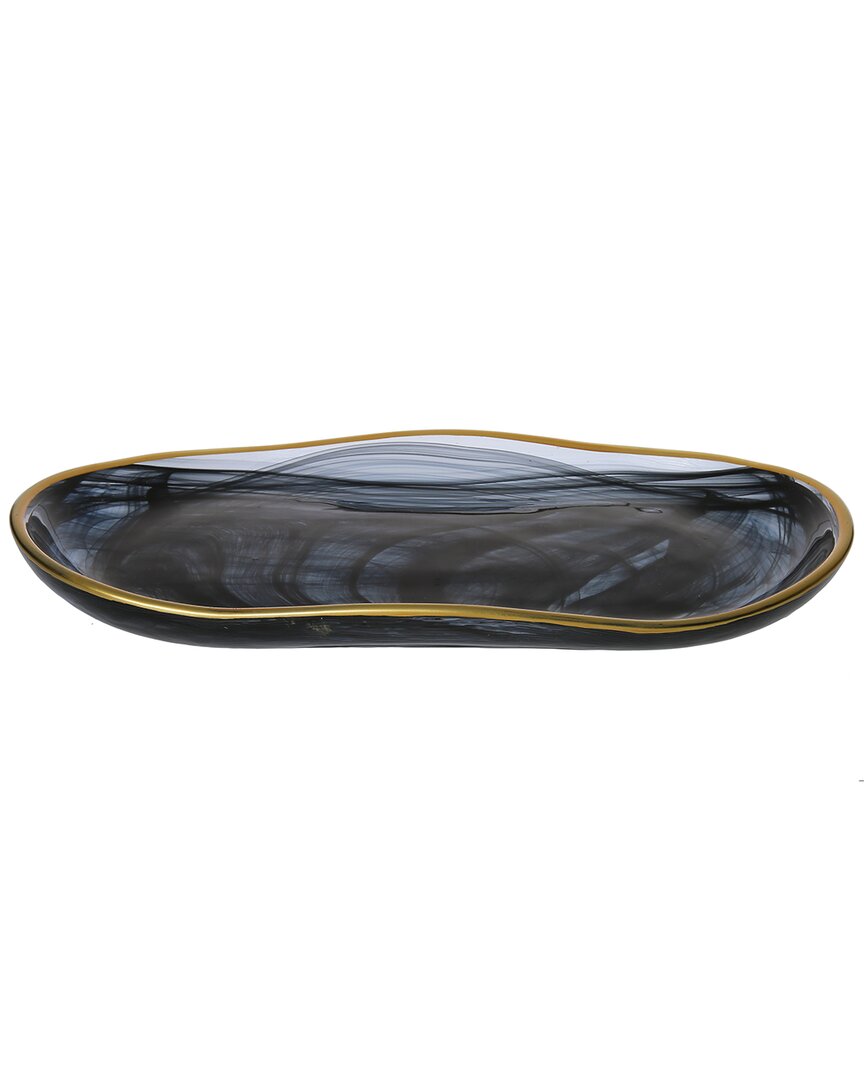 Alice Pazkus Black Alabaster 13.75in Oval Tray With Gold Trim