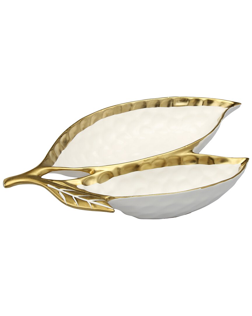 Alice Pazkus 15in Gold White Porcealin Leaf Relish Dish With Gold Rim