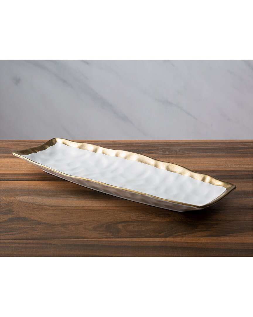 Alice Pazkus 15.5in Gold White Porcelain Oblong Tray With Gold Rim