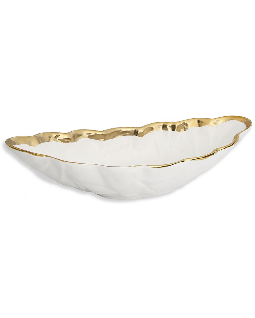 Alice Pazkus White Porcelain Leaf Shaped 16.75in Bowl With Gold Border In White
