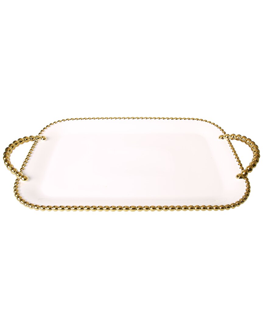 Alice Pazkus 19in Gold White Porcelain Beaded Tray In White