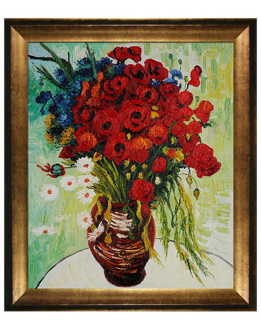 Handpainted Hued Hand-painted Masterpieces Vase With Daisies And Poppies By Vincent Van Gogh In Beige