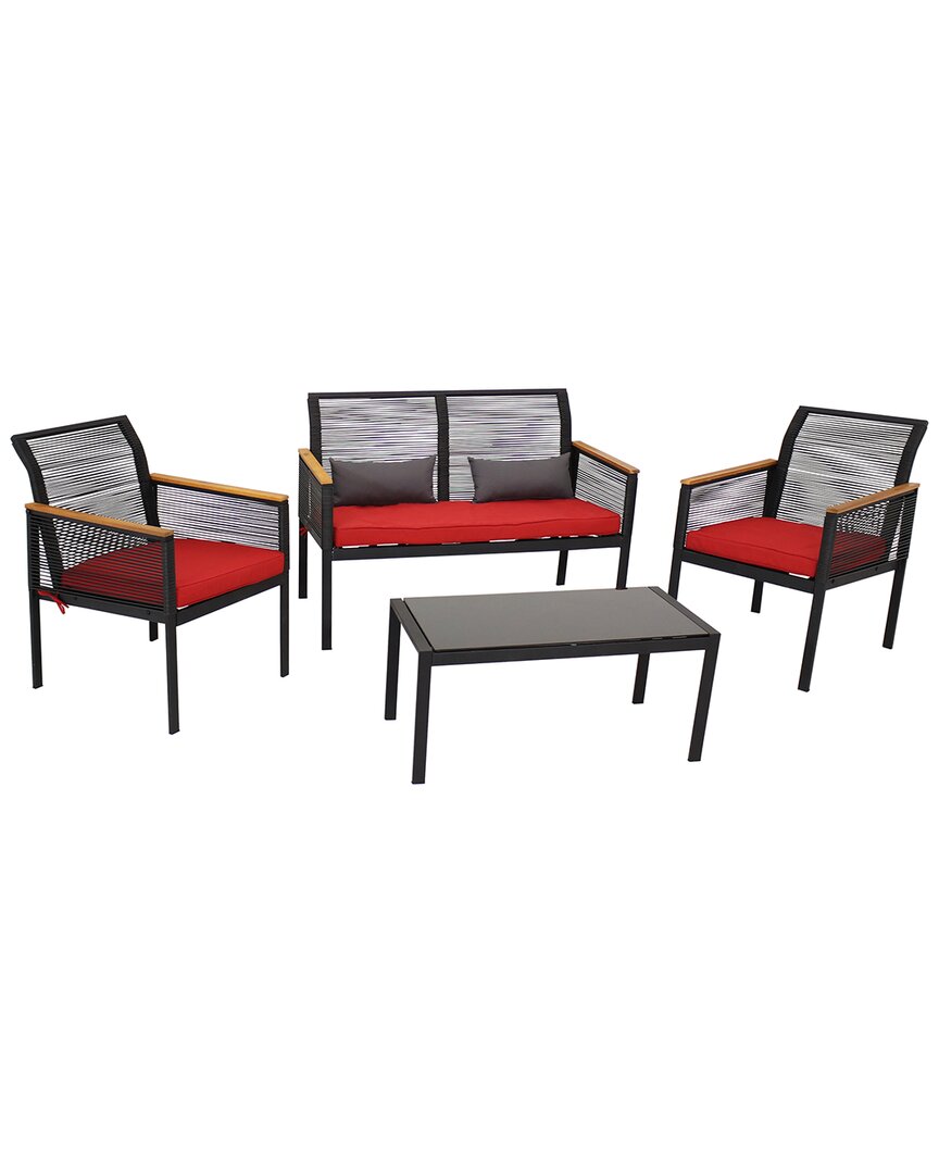 Sunnydaze Coachford 4pc Black Resin Rattan Outdoor Patio Furniture Set In Red