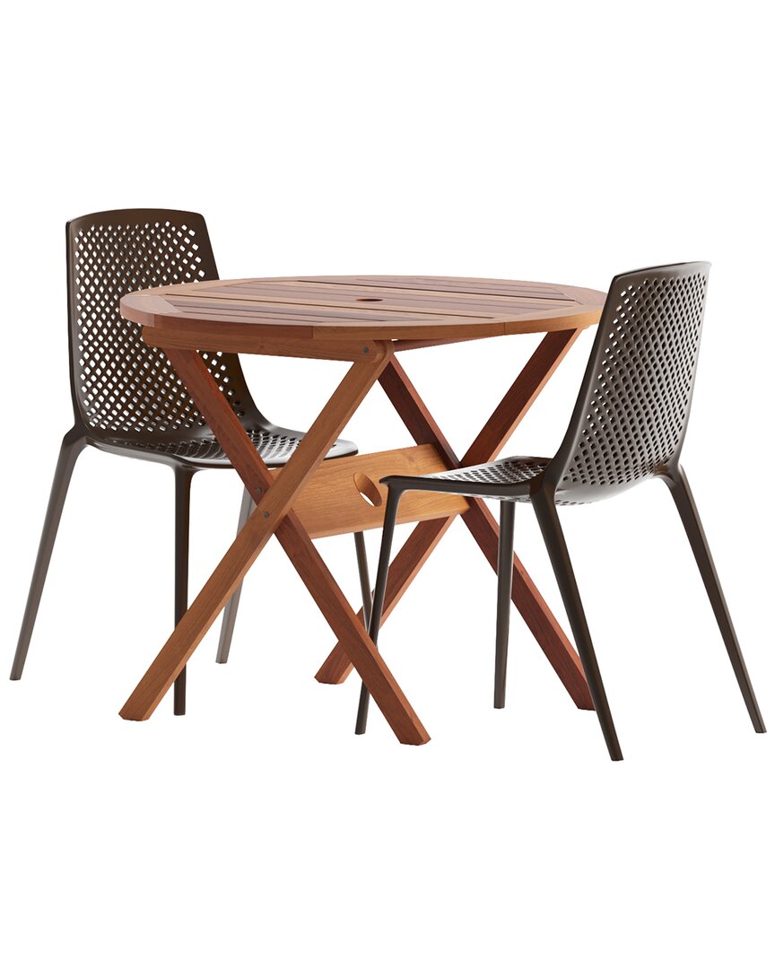 Amazonia 3 Piece Round Patio Dining Set W/brown Plastic/resin Chairs In Brown