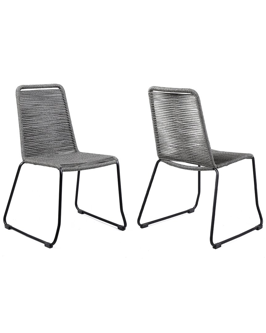 Armen Living Shasta Set Of 2 Outdoor Metal And Rope Stackable Dining Chair In Black