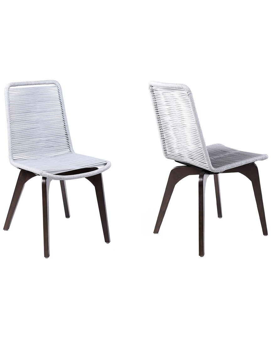 Armen Living Island Set Of 2 Outdoor Dark Eucalyptus Wood And Silver Rope Dining Chairs