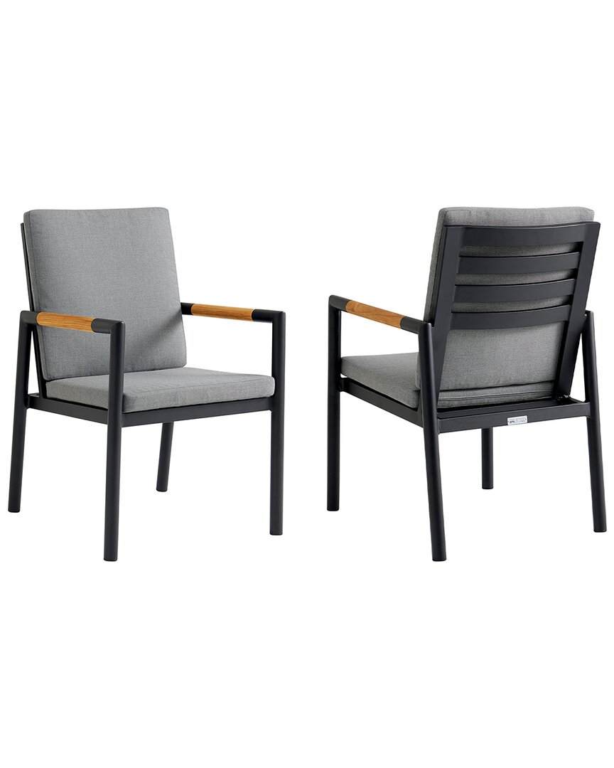 Armen Living Crown Black Aluminum And Teak Outdoor Dining Chair With Dark Gray Fabric , Set Of 2