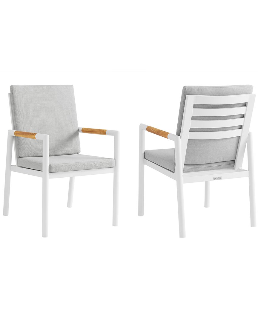 Shop Armen Living Crown White Aluminum And Teak Outdoor Dining Chair With Light Gray Fabric, Set Of 2