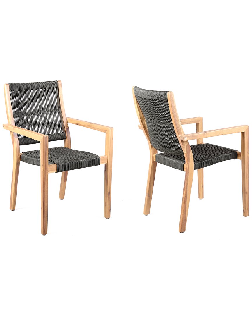Armen Living Madsen Set Of 2 Outdoor Eucalyptus Wood And Charcoal Rope Dining Chairs With Teak Finish In Grey