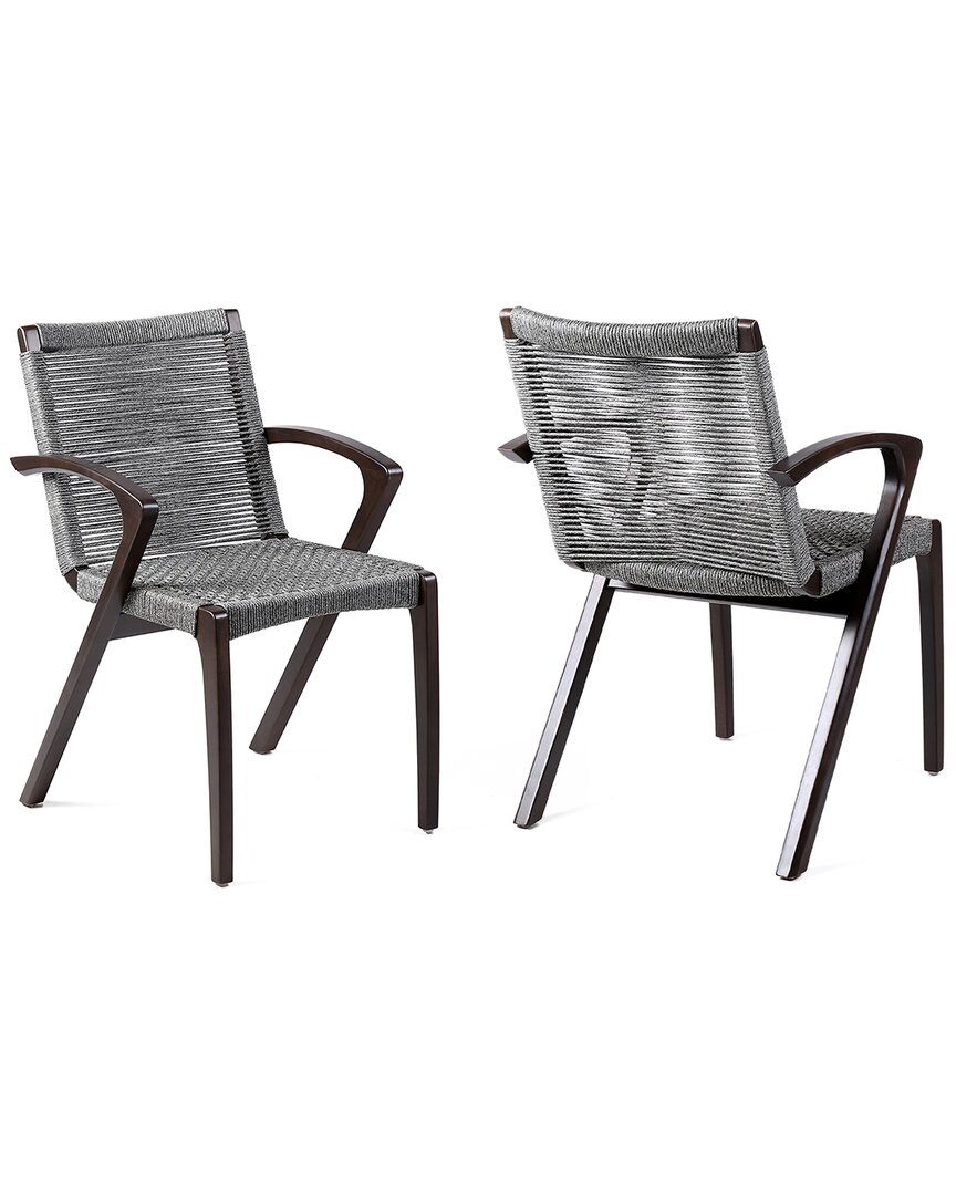 Armen Living Brielle Outdoor Dark Eucalyptus Wood And Rope Dining Chairs, Set Of 2