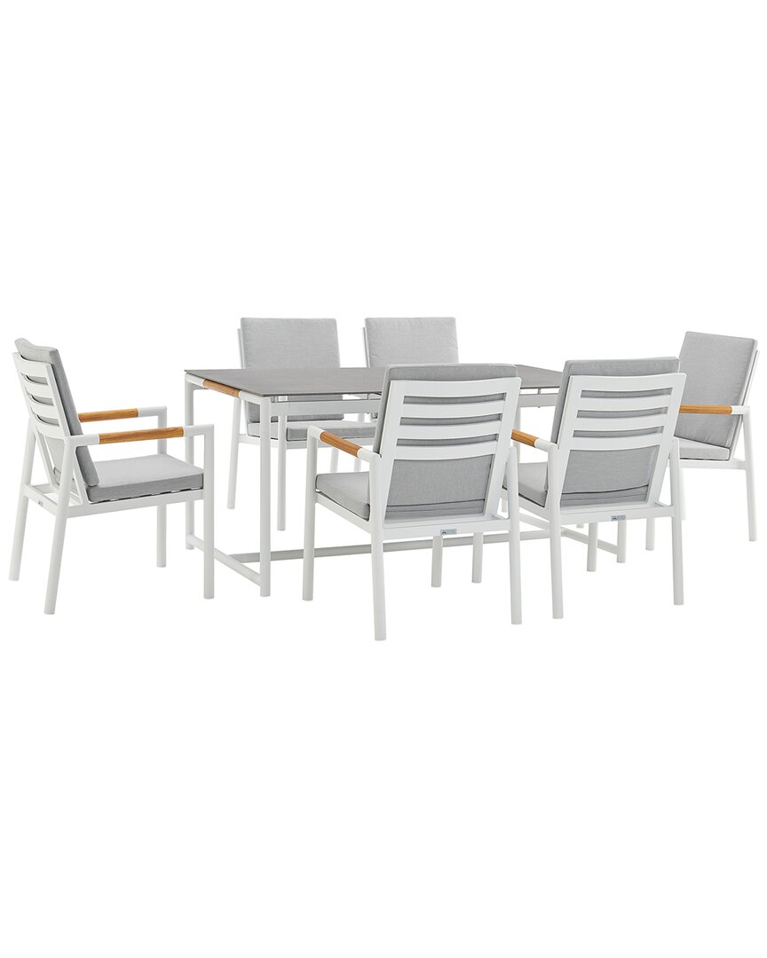 Armen Living Crown 7pc White Aluminum And Teak Outdoor Dining Set With Light Gray Fabric