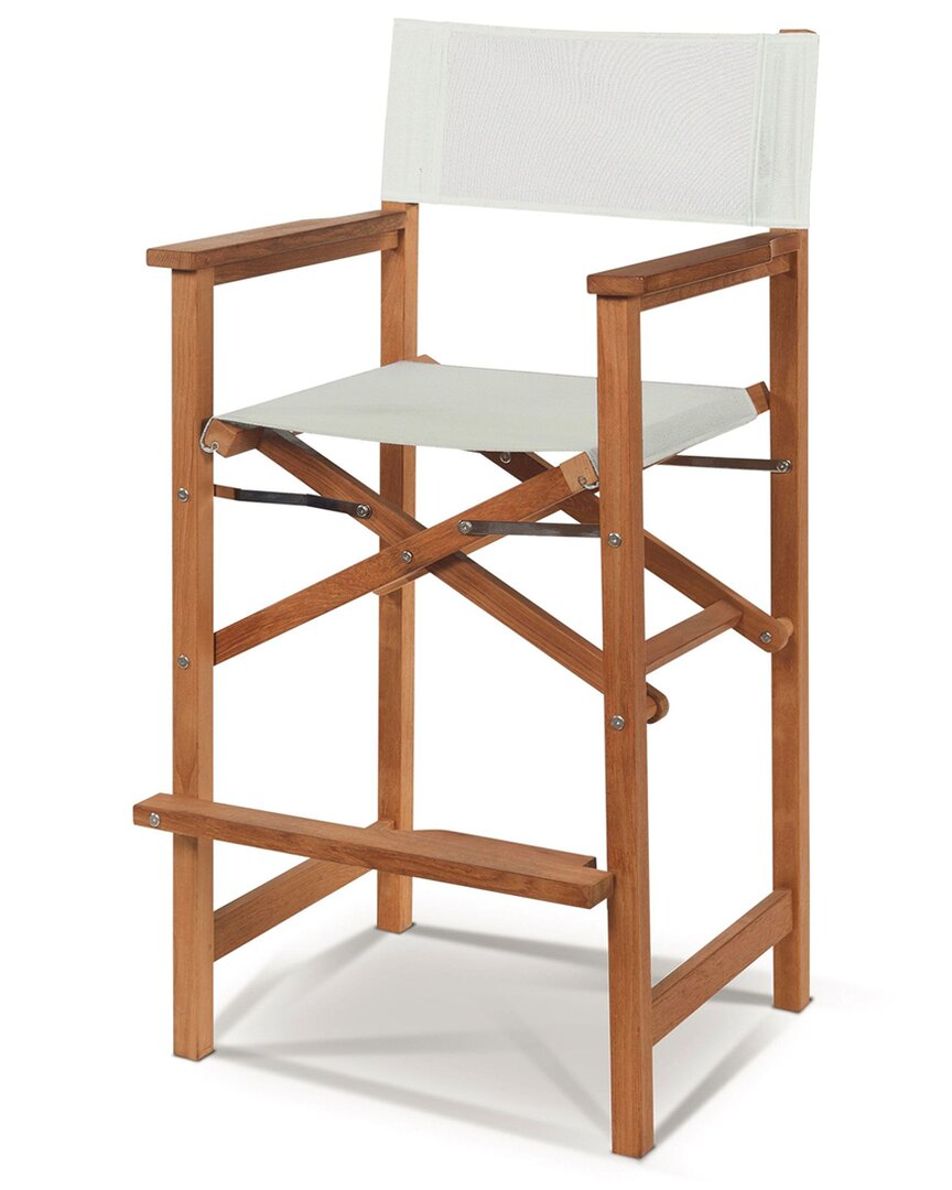 Curated Maison Directeur Teak Outdoor Bar Height Stool With White Dura Sling Back And Seat In Brown