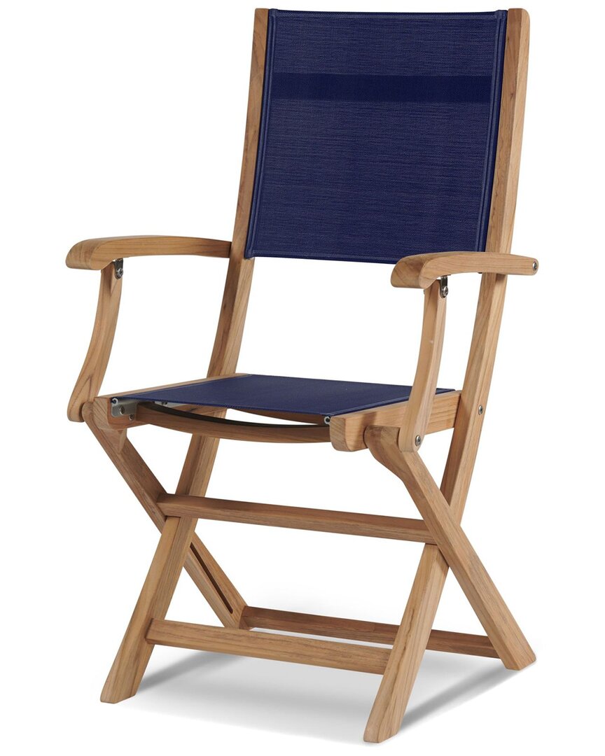 Curated Maison Lucas Teak Outdoor Folding Armchair In Blue Textilene Fabric In Brown
