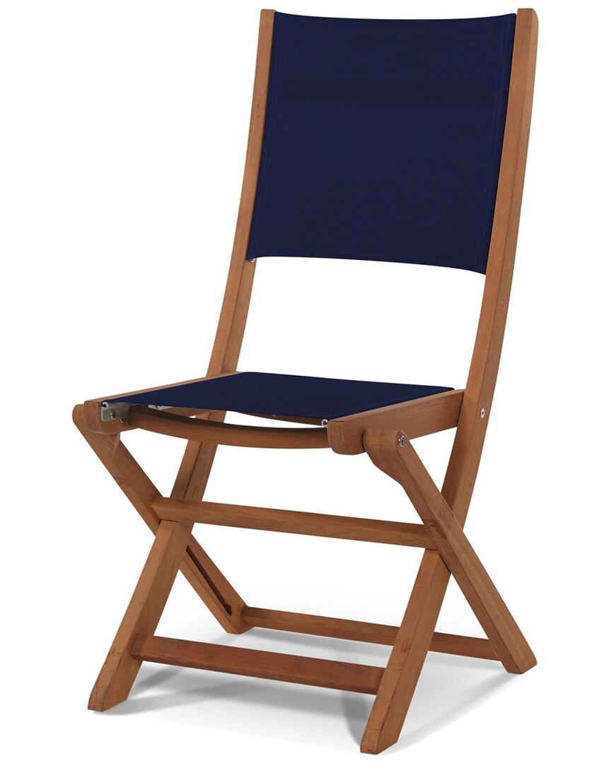 Curated Maison Lucas Teak Outdoor Folding Chair In Blue Textilene Fabric In Brown