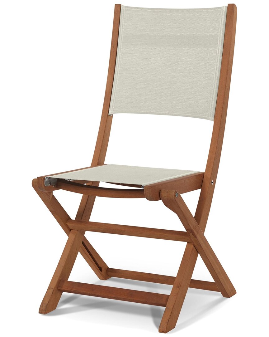 Curated Maison Lucas Teak Outdoor Folding Chair In White Textilene Fabric In Brown
