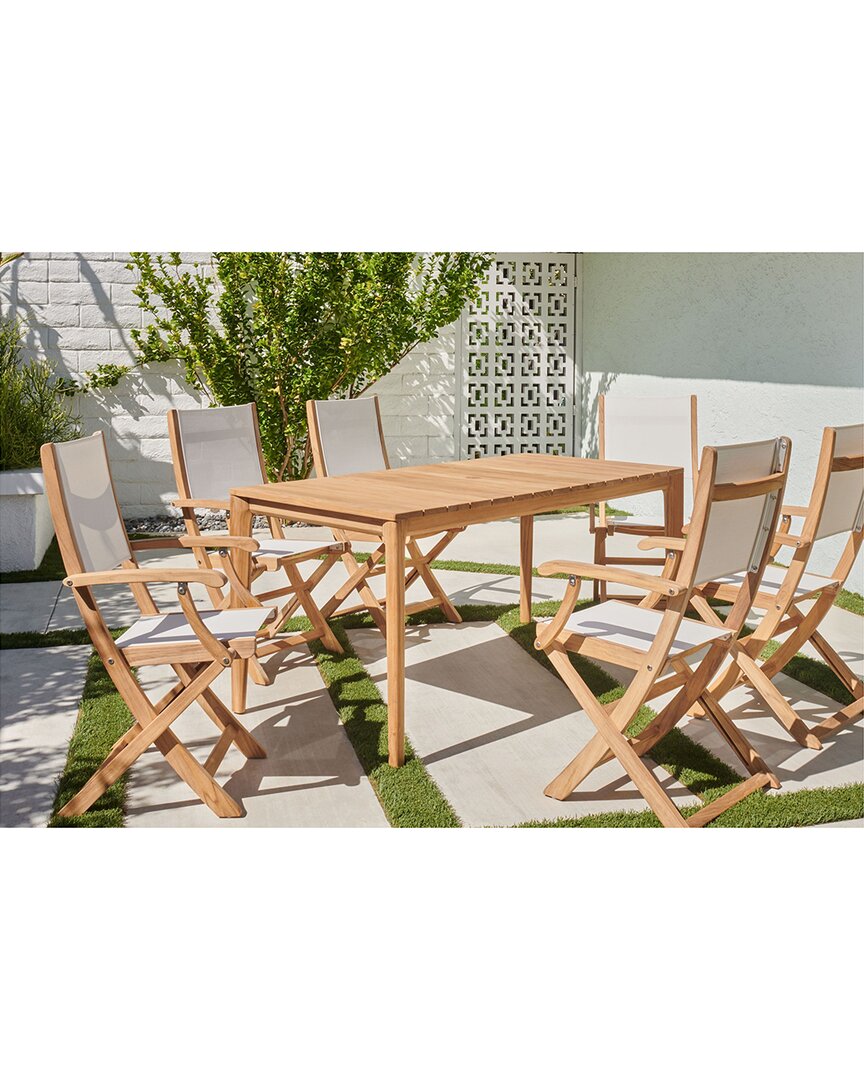 Curated Maison Cateline 7-piece Rectangular Teak Outdoor Dining Set With White Textilene Fabric In Brown