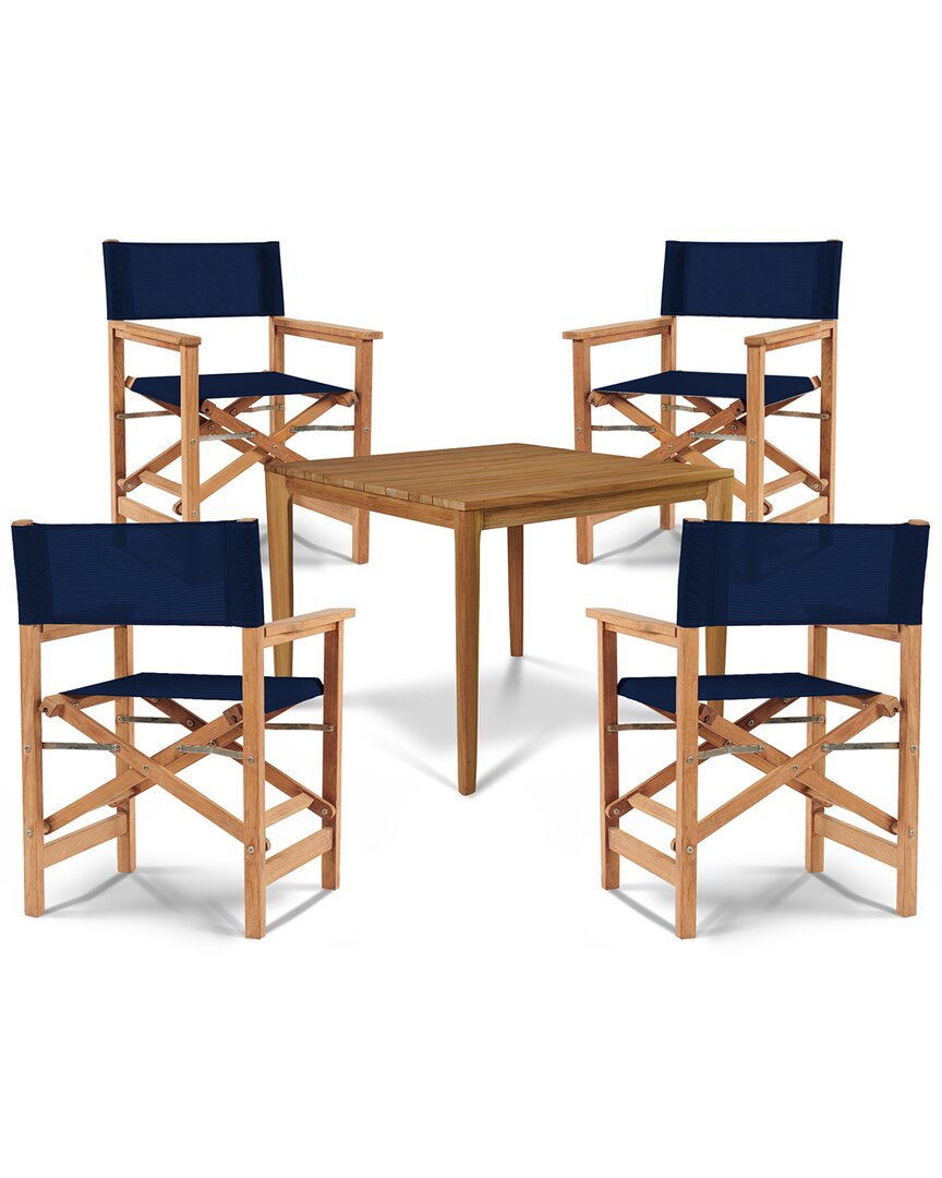 Curated Maison Cateline 5-piece Square Teak Outdoor Dining Set With Blue Textilene Fabric In Brown