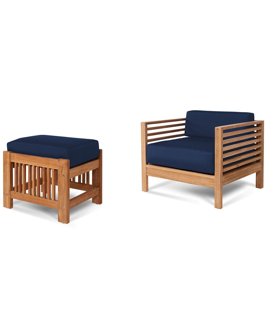 Curated Maison Sylvie Teak Outdoor Lounge Chair And Ottoman Set With Sunbrella Navy Cushions