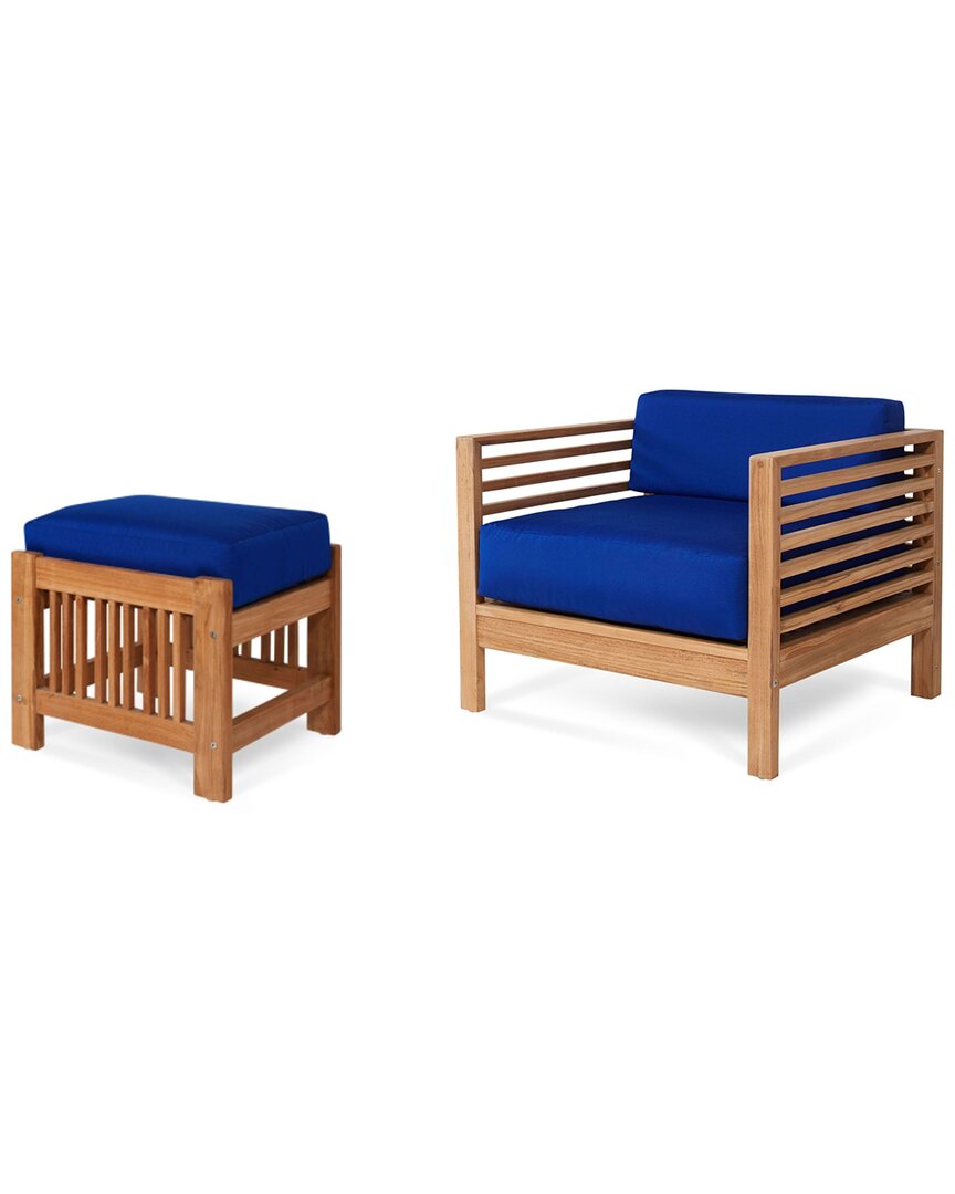 Curated Maison Sylvie Teak Outdoor Lounge Chair And Ottoman Set With Sunbrella True Blue Cushions