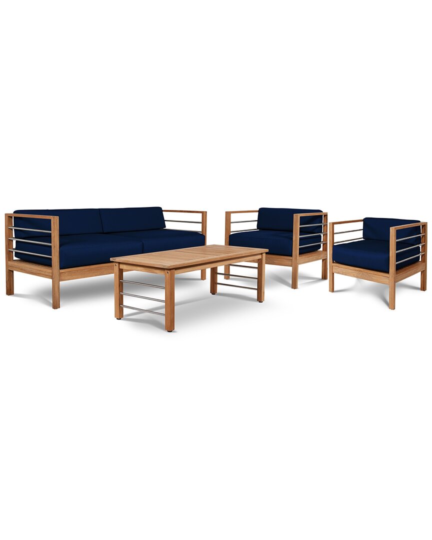 CURATED MAISON CURATED MAISON LEON 4-PIECE TEAK OUTDOOR PATIO DEEP SEATING SOFA SET WITH SUNBRELLA NAVY CUSHIONS