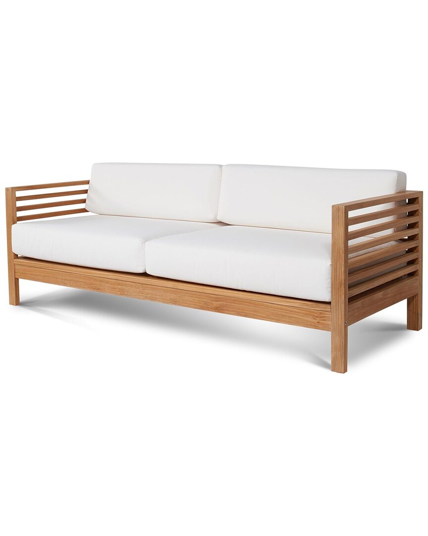 Curated Maison Sylvie 3 Person Teak Outdoor Sofa With Sunbrella White Cushions