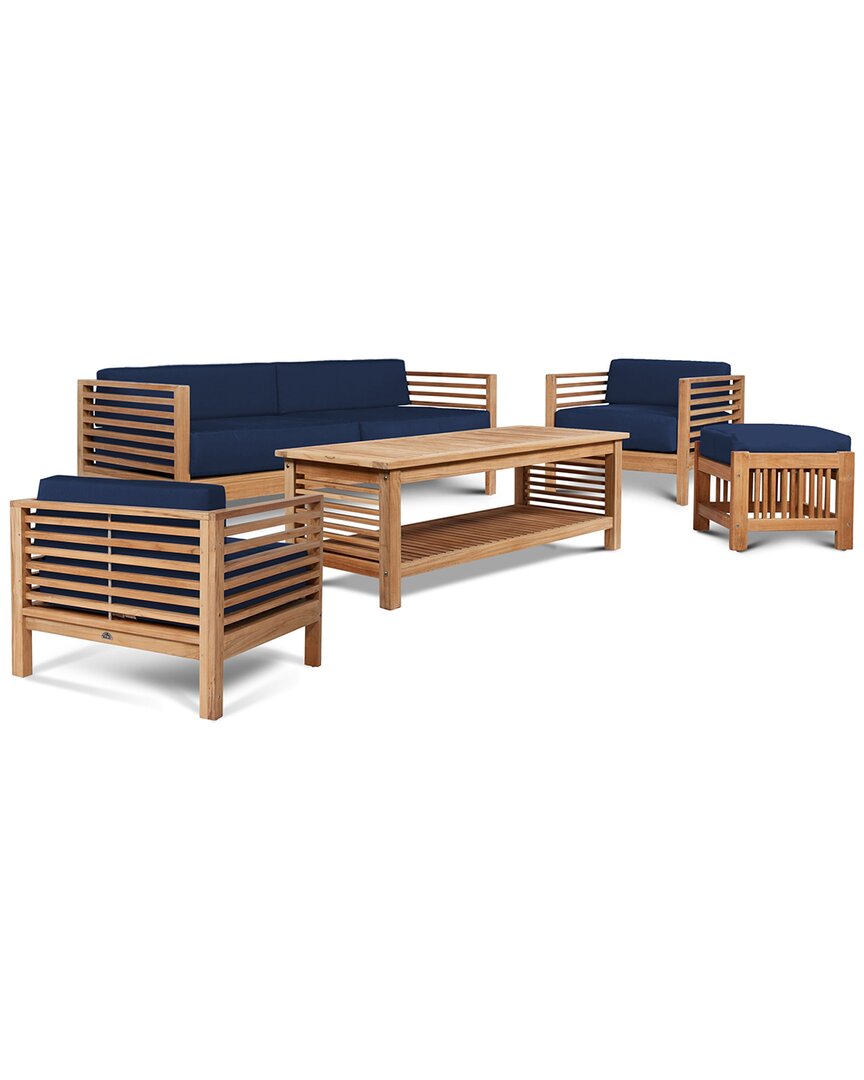 Curated Maison Sylvie 5-piece Teak Patio Conversation Deep Seating Set With Sunbrella Cushions In Navy
