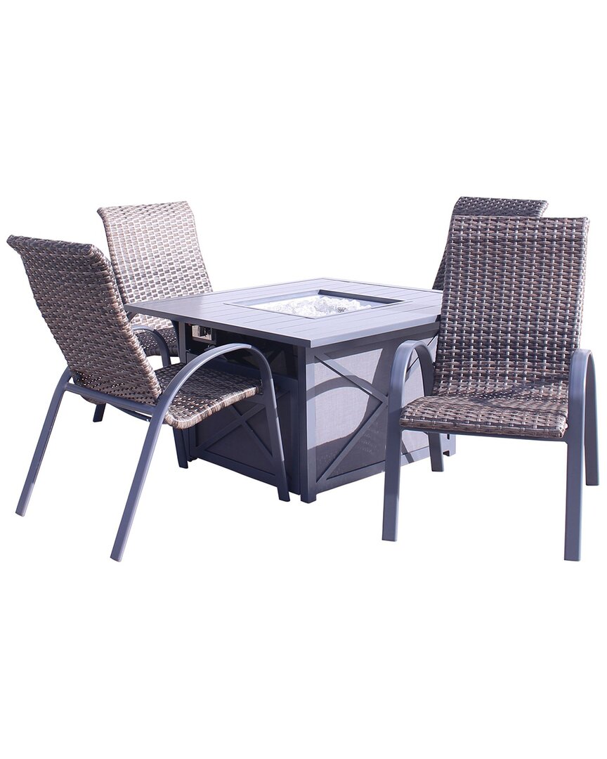 Courtyard Casual Santa Fe Dark Gray 5pc Square Fire Pit Set With 1 Fire Pit  And 4 Wicker Chairs