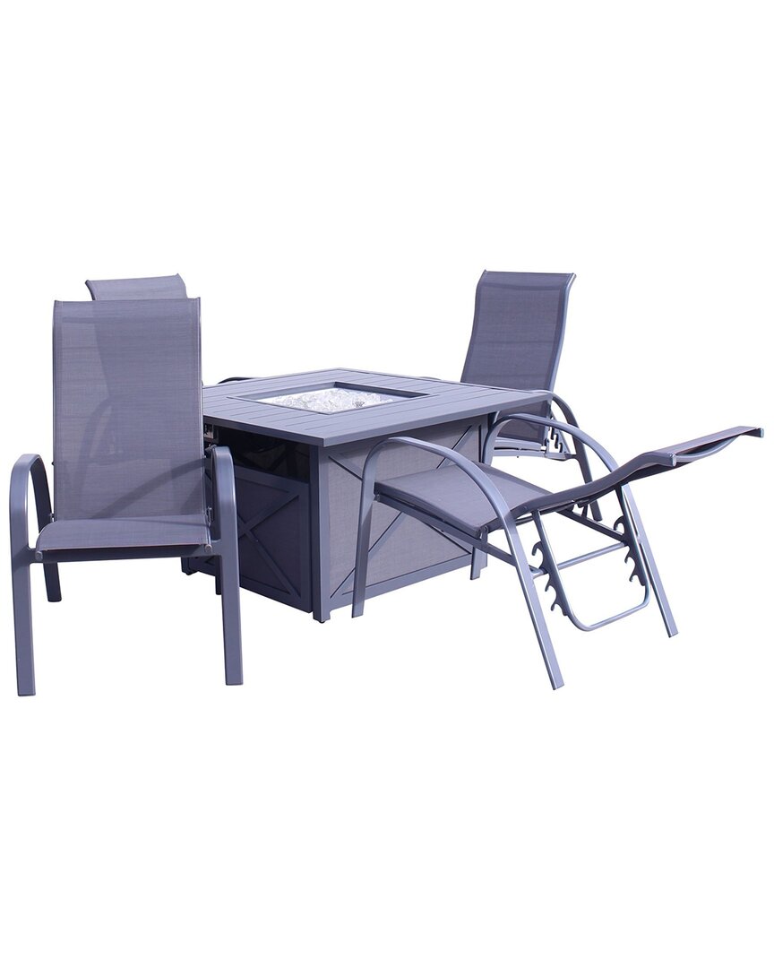Courtyard Casual Santa Fe Dark Gray 5pc Square Fire Pit Set With 1 Fire Pit  And 4 Sling Reclining Chairs In Gray