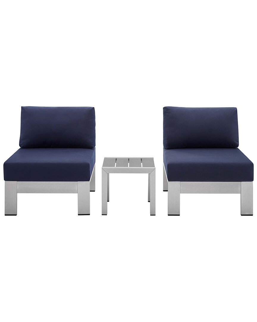 Modway Shore Sunbrella® Fabric Outdoor Patio Aluminum 3pc Set In Silver