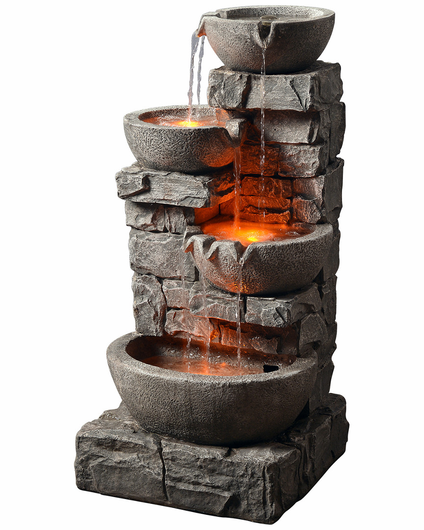 Peaktop Outdoor Stacked Stone Tiered Bowls Fountain With Led Light In Grey