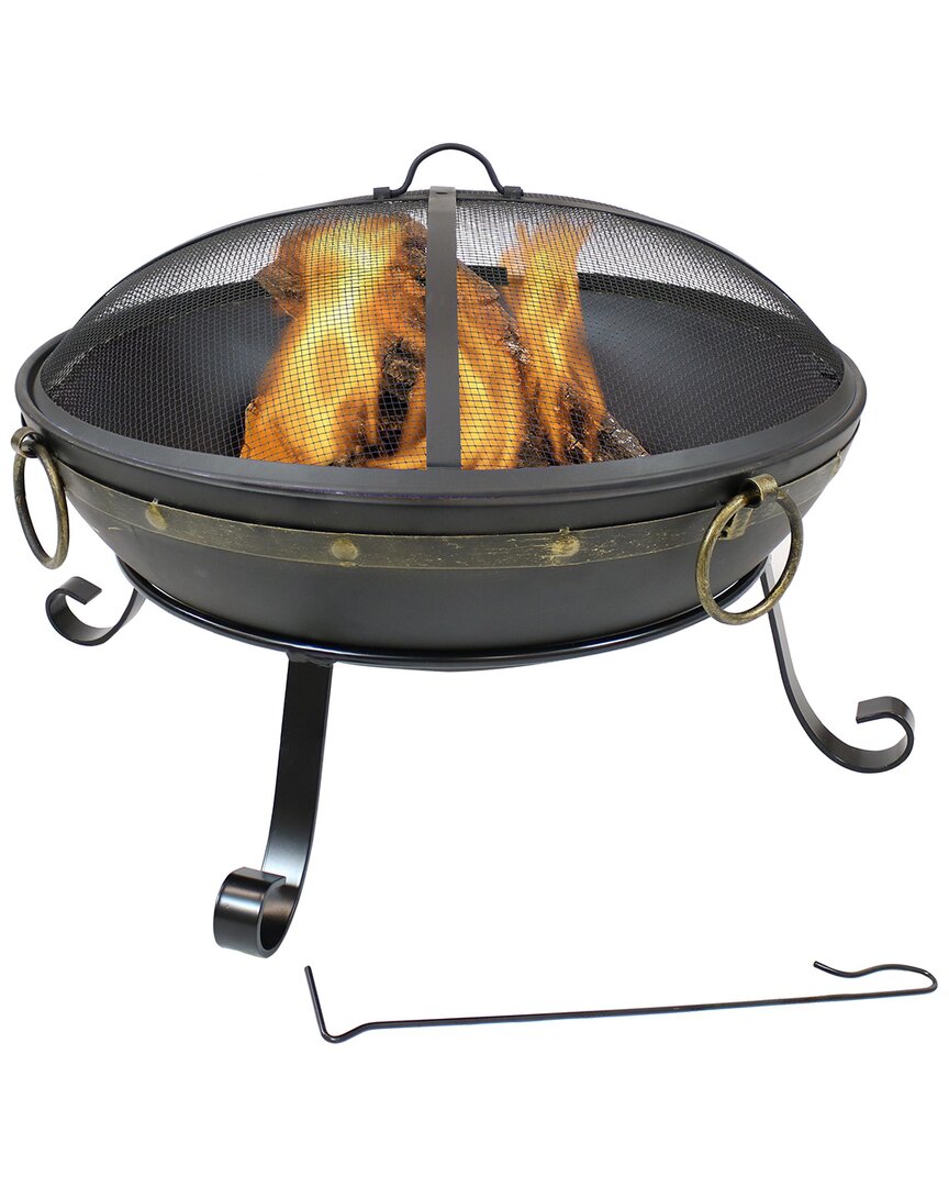 Sunnydaze 25in Fire Pit Steel Victorian Design With Handles And Spark Screen In Black