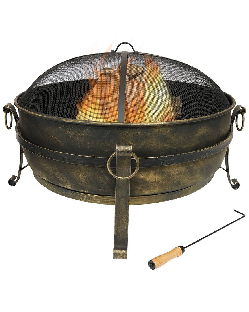 Sunnydaze 34in Fire Pit Steel Cauldron Design With Spark Screen And Fire Poker In Black