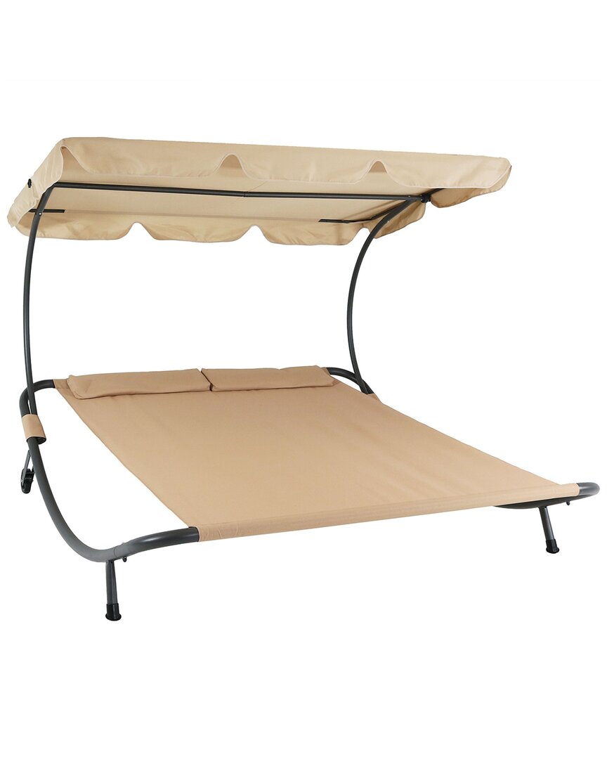 Sunnydaze Double Modern Outdoor Bed With Canopy And Headrest Pillows In Off-white