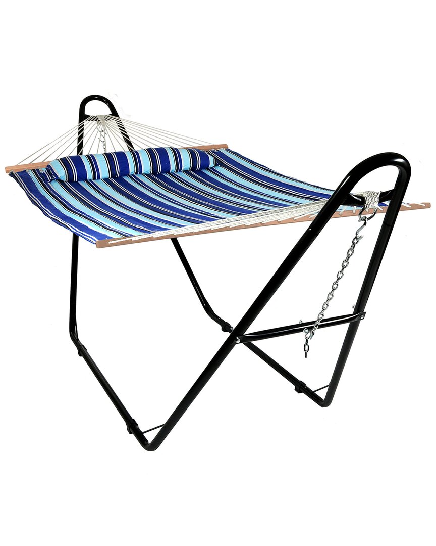 Sunnydaze Outdoor 2-person Double Polyester Quilted Hammock With Wood Spreader Bar And Matte Blue Steel Multi- In Blue